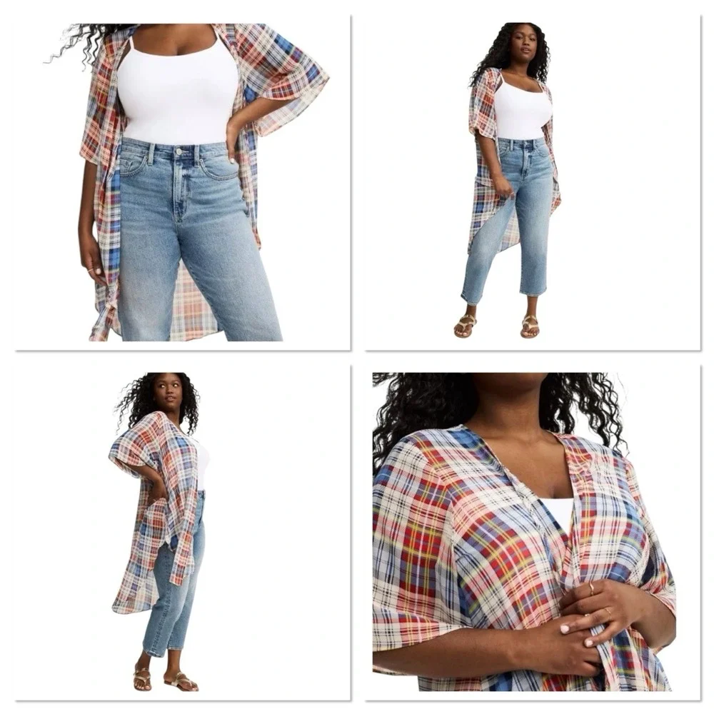 Torrid Sheer Plaid Kimono Cardigan Open Front Duster Plus‎ Size 00/M/L  Blue Red